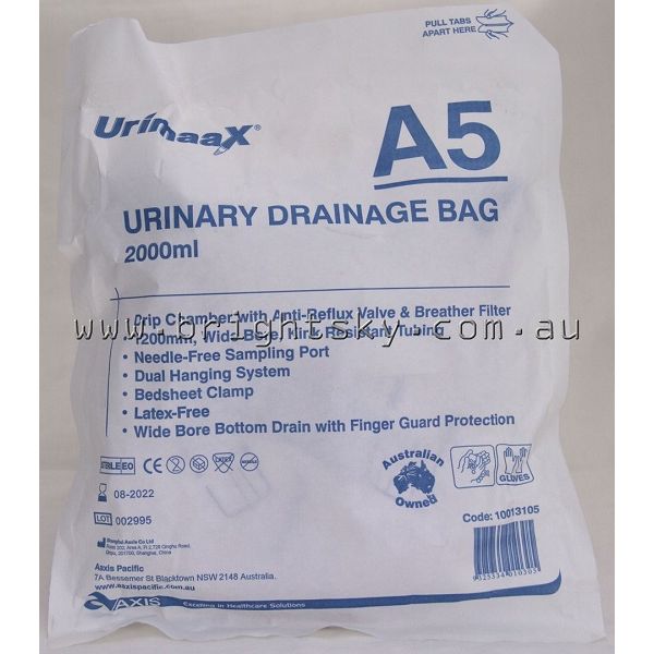 Urimaax Drain Bag A5 Sterile 120cm lever tap 2Lt