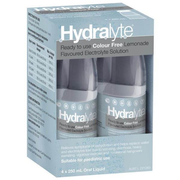 Hydralyte Colour Free Lemonade 250ml Pack 4