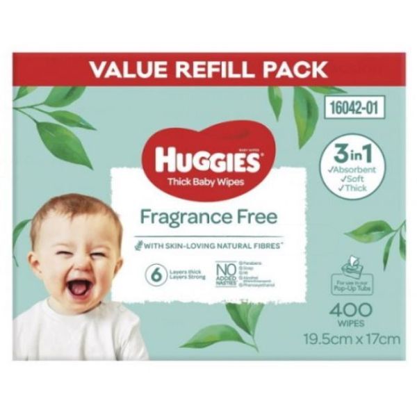 Huggies Baby Wipes Fragrance Free Refill 19.5x17cm Pack 400